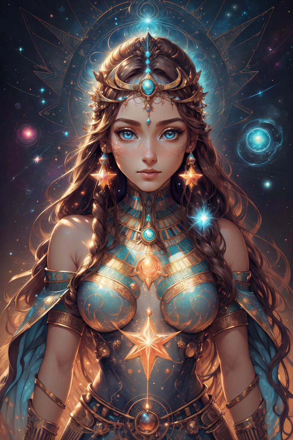beautiful and detailed illustration, pop art, masterpiece, best quality, ultra-detailed, soft lighting, cinematic shot, vibrant colors, gorgeous colors, <lora:add_detail:0.3>, <lora:stylesqueeze_v2:0.5>,
1 girl, adult (elven:0.7) woman, coral eyes, brown long hair,
solo, upper body, looking away, detailed background, detailed face, (<lora:CulturePunkBundle-000007:0.5>, OldEgyptAI, ancient egyptian theme:1.1) living star constellation, star sign, horoscope, mythical, aquarius, geometric patterns, astral power, nebula, glow, aura, bloom, transcendence, floating particles, cosmic dust, cosmic space background, dreamlike ethereal atmosphere,