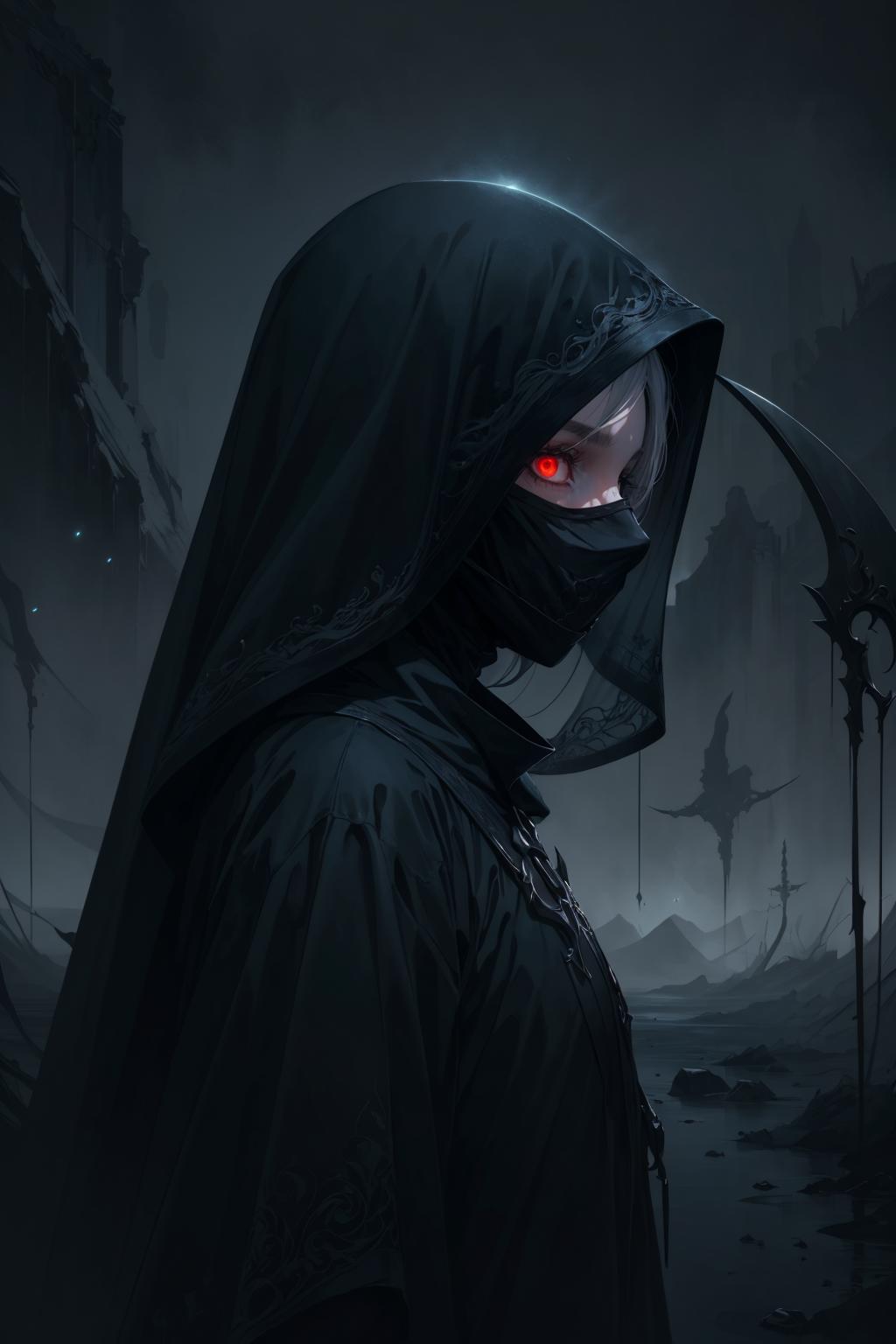 A man in a hoodedie with red eyes stands in the dark - SeaArt AI