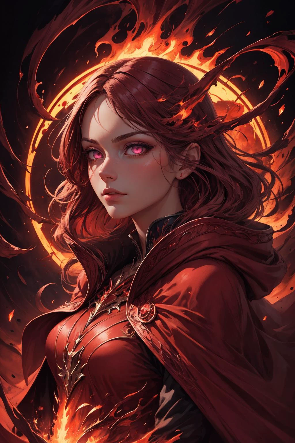 beautiful and detailed illustration, pop art, masterpiece, best quality, ultra-detailed, soft lighting, cinematic shot, vibrant colors, gorgeous colors, <lora:add_detail:0.3>, <lora:stylesqueeze_v2:0.5>,
1 girl, adult (elven:0.7) woman, pink eyes, brown fringe hair,
(style-swirlmagic:0.9), portrait, looking away, solo, upper body, detailed background, detailed face, eyes ablaze with dark power, evil blood mage, red clothes, cloak, casting spell, intense gaze, scarlet magical symbols swirling in the air, hemomancy, glowing veins, red flames, in background, surrounded by crimson mist, symmetrical composition, epic atmosphere,