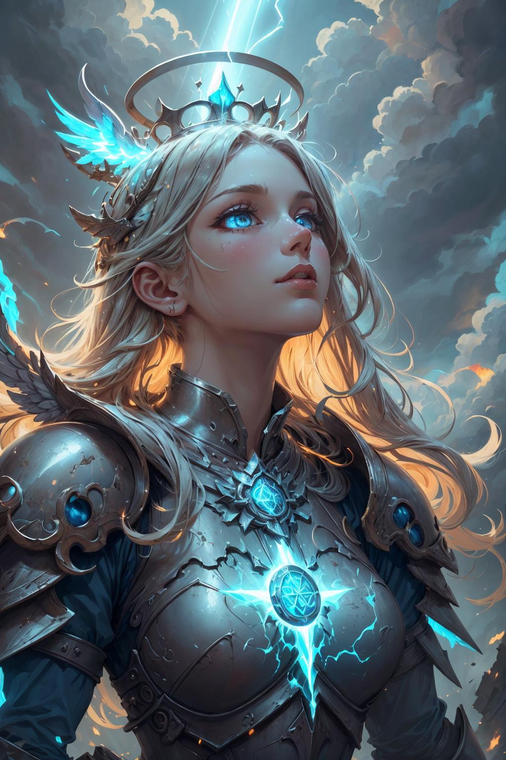 A woman with a sword and armor in the sky - SeaArt AI