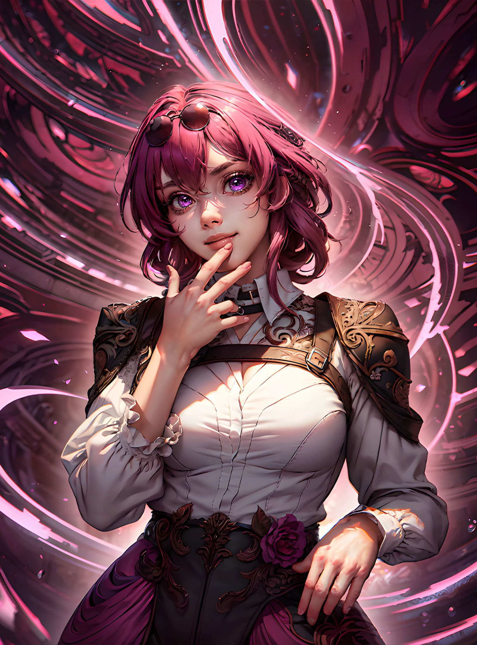 (masterpiece:1.2, best quality),(masterpiece, sidelighting, finely detailed beautiful eyes:1.2),(ultra-detailed:1.2),(extra quality, intricate details),(8k),HDR,(realistic:0.3),thick outlines,strong shadows,<lora:add_detail:0.3>, <lora:kafka-v3-nai-13ep-resize:1>, 1girl,detailed face,smirk, star-kafka, pink hair, eyewear on head,sunglasses, shirt, looking at viewer,solo,upper body,detailed background, (purple crimson swirling in the air:1.2),dynamic pose,(purple color scheme:1.1),cinematic atmosphere,<lora:sharpen-soften:0.35>,<lora:Nardack:0.3>