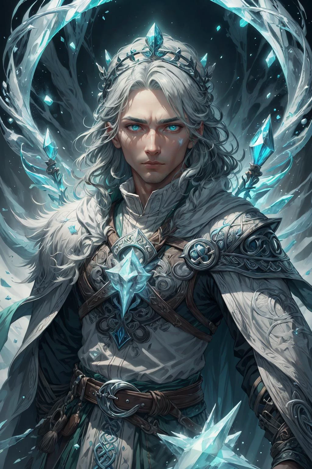 beautiful and detailed illustration, pop art, masterpiece, best quality, ultra-detailed, soft lighting, cinematic shot, vibrant colors, gorgeous colors, <lora:add_detail:0.3>, <lora:stylesqueeze_v2:0.5>,
(1man, masculine adult male:1.2), green eyes, gray hair, side part,
(style-swirlmagic:0.8), portrait, solo, upper body, looking down, detailed background, detailed face, (<lora:CeltPunkAI:0.5>, CeltPunkAI, celtic theme:1.1), glowing eyes, frost mage, white color scheme, wearing tattered blue-white mage robes, frozen crown, belt, mythical spear of ice, casting spell, stoic expression, permafrost, enchanted inscriptions, crystalline tundra in background, magical lighting, early morning frost, ethereal atmosphere,
