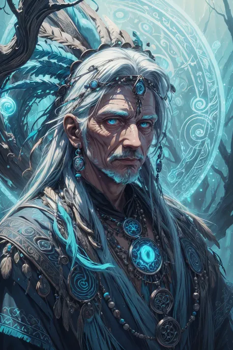 beautiful and detailed illustration, pop art, masterpiece, best quality, ultra-detailed, soft lighting, cinematic shot, vibrant colors, gorgeous colors, <lora:add_detail:0.3>, <lora:stylesqueeze_v2:0.5>,
(1man, old male:1.2), teal eyes, white hair, straight hair,
(style-swirlmagic:0.8), solo, half shot, detailed background, detailed face, (<lora:GlyphTech:0.5>, symbols, glyphtech theme:1.1), (glowing eyes:1.05), wise, tribal vodoo shaman, mystical, dark blue frayed clothes, beads, totem, amulet, obsidian, headdress, dynamic pose, surrounded by blue magic swirls, trees in background, cinematic atmosphere,