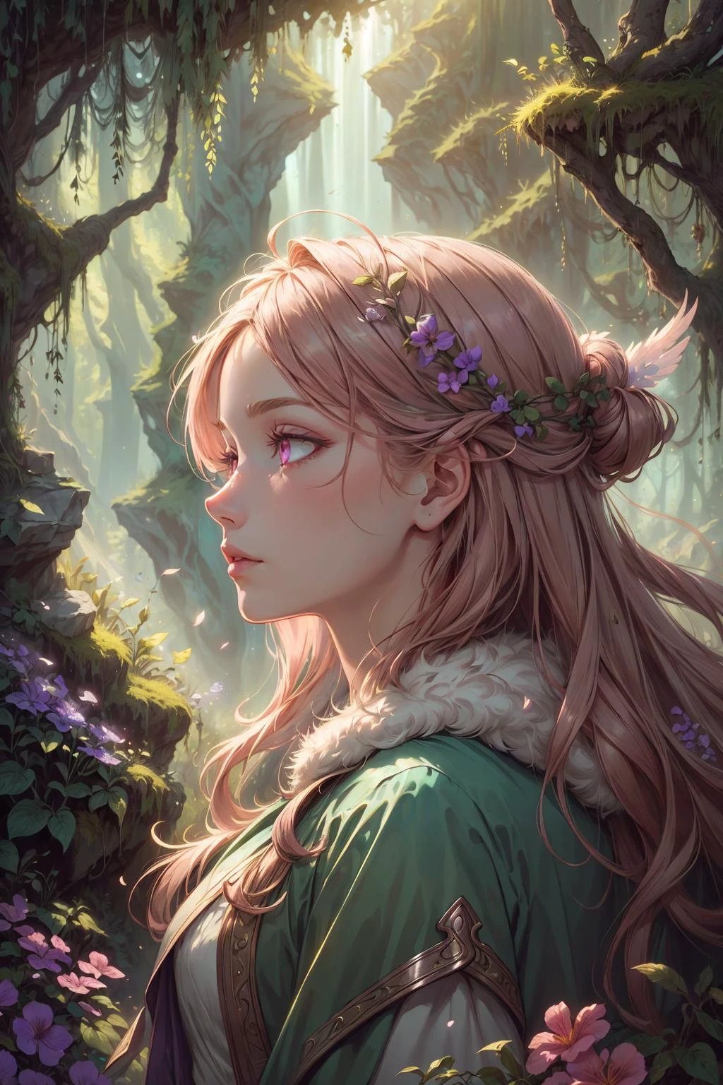beautiful and detailed illustration, pop art, masterpiece, best quality, ultra-detailed, soft lighting, cinematic shot, vibrant colors, gorgeous colors, <lora:add_detail:0.3>, <lora:stylesqueeze_v2:0.5>,
1 girl, adult (elven:0.7) woman, pink eyes, copper half-up half-down hairstyle,
<lora:GoodHands-beta2:0.8>,
Style-GravityMagic, focus on character portrait, solo, from side, side view, (full body:0.6), looking away, detailed background, detailed face, (<lora:AngelicAI:0.5>, AngelicAI theme:1.1), serene expression, forest druid, wearing natural colored green flowing robes, fur-lined, druid staff, feathers, calm posture, healing magic, magic, floating particles, moss, roots, stone, violets, bushes, rays of light, bloom, valleys in background, ethereal atmosphere, earth tones,