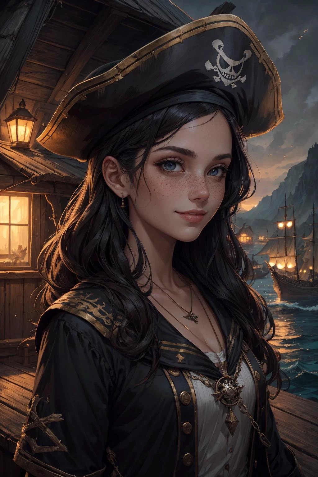 beautiful and detailed illustration, pop art, masterpiece, best quality, ultra-detailed, soft lighting, cinematic shot, vibrant colors, gorgeous colors, <lora:add_detail:0.3>, <lora:stylesqueeze_v2:0.5>,
1 girl, adult (elven:0.7) woman, freckles, black eyes, medium brown straight hair,
focus on character, portrait, (battlescars:0.7), looking away, solo, half shot, detailed background, (dark fantasy theme:1.1), sailor, rich dark orange pirate captain outfit, eyepatch, cursed pendant, greedy smile, standing, coastal pirate town, docks, shacks, camp, calm, pirate tents, pirate ship on shore, treasure, dim light, pirate fantasy atmosphere,