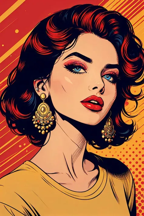 pop art,1girl,solo,shirt,jewelry,closed mouth,upper body,earrings,lips,looking at viewer,red lips,<lora:pop_art_style_v11:0.7>,