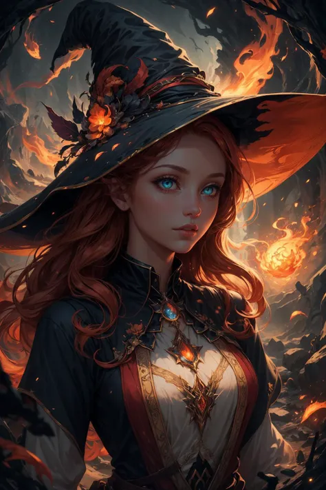 In the middle of a mystical forest shrouded in illusion, A captivating witch with red hair dances gracefully, manipulando chamas que parecem se materializar do nada. Her fire dress spins and flickers with mesmerizing patterns as she weaves an intricate dance of fire and illusion. The forest comes alive with the magical glow of the flames, creating a charming and fascinating spectacle.