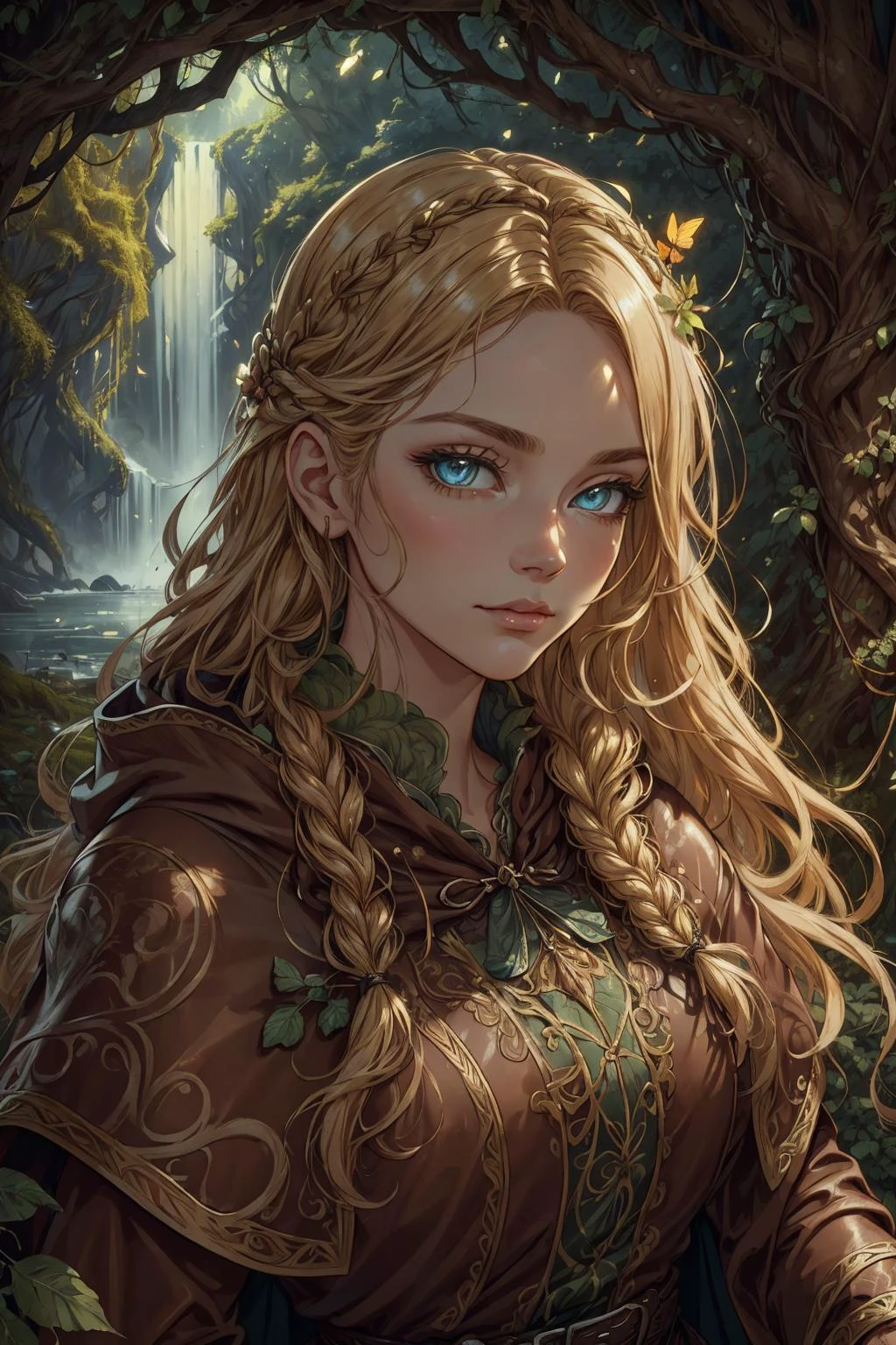 (Neo-Baroque, ornate and elaborate, dynamic, Neo-Baroque,:1.1), beautiful and detailed illustration, pop art, masterpiece, best quality, ultra-detailed, soft lighting, cinematic shot, vibrant colors, gorgeous colors, <lora:add_detail:0.3>, <lora:stylesqueeze_v2:0.5>,
1 girl, adult woman, aquamarine eyes, natural blonde waterfall braid,
portrait, looking at viewer, solo, upper body, detailed background, detailed face, (<lora:RootsBranchesAIv5:0.4>, RootsBranchesAI theme:1.1) forest ranger, medieval fantasy setting, high fantasy, brown furred leather clothes, capelet, hood, straps, belt, serene forest, bushes, vines, ivy, river, oak trees, roots, fallen leaves, ferns, flowers, (butterflies:0.9), wildlife,