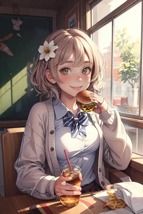 Cowboy Shot,beautiful and detailed illustration,pop art,masterpiece, best quality, ultra-detailed,soft lighting,<lyco:GoodHands-beta2:0.8>, <lora:add_detail:0.3> ,upper body, solo, 1girl, mimura kanako, smile, looking at viewer, hair flower, school uniform, cardigan, indoors, table, food, burger, soda bottle <lora:borger-nvwls-v4:1>