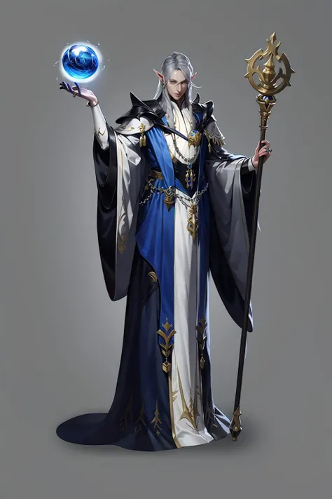 Game characters, original design, European style, pointy ears, 1boy, male focus, solo, grey background, elf, simple background, full body, jewelry, grey hair, staff, standing, chain, ring, wide sleeves, robe, long hair, elezen, holding, orb<lora:CG Game xieshi:1>