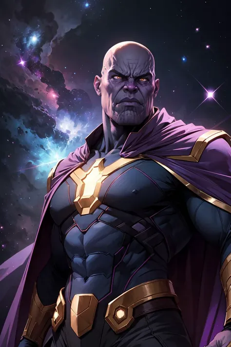 Cowboy Shot,beautiful and detailed illustration,pop art,masterpiece, best quality, ultra-detailed,soft lighting,<lyco:GoodHands-beta2:0.8>, <lora:add_detail:0.3> ,man, male focus, stunning angry Thanos, bald, purple cape, nebula space background, volumetric light, upper body, muscle, muscular, fantasy, dynamic angle, dynamic pose