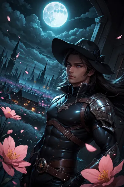 Cowboy Shot,beautiful and detailed illustration,pop art,masterpiece, best quality, ultra-detailed,soft lighting,<lora:add_detail:0.3> , 1 male, adult, handsome, tall muscular guy, broad shoulders, finely detailed eyes and detailed face, fantasy, night, dark theme, cinematic lighting, colorful, portrait, flying petal, Flowery meadow, cloudy sky, building, moon, light, dutch angle, glossy eyes,cinematic shot,vibrant colors,gorgeous colors,dynamic action pose,smagnificent panorama view,<lora:GoodHands-vanilla:1>,