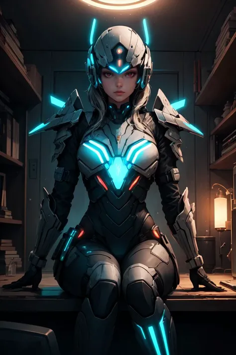 Cowboy Shot,beautiful and detailed illustration,pop art,masterpiece,best quality,ultra-detailed,soft lighting,<lora:add_detail:0.3>,BREAK detailed spaceship interior,BREAK girl,Bioluminescence details,futuristic armor,futuristic soldier,menacing look,looking down,red eyes,sitting,holding weapon with Bioluminescence details,<lora:GoodHands-vanilla:1>,