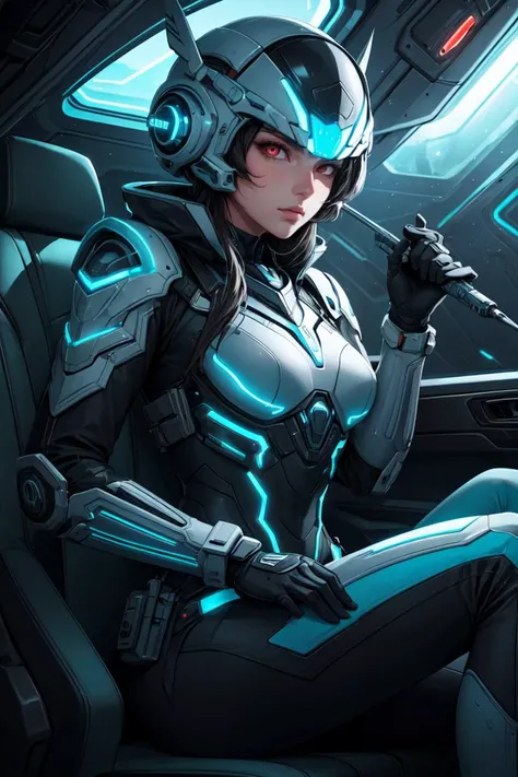 Cowboy Shot,beautiful and detailed illustration,pop art,masterpiece, best quality, ultra-detailed,soft lighting,<lyco:GoodHands-beta2:0.8>, <lora:add_detail:0.3> ,BREAK detailed spaceship interior BREAK girl, Bioluminescence details, futuristic armor, futuristic soldier, menacing look, looking down, red eyes, sitting, holding weapon with Bioluminescence details,