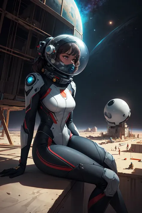 Cowboy Shot,beautiful and detailed illustration,pop art,masterpiece, best quality, ultra-detailed,soft lighting,<lyco:GoodHands-beta2:0.8>, <lora:add_detail:0.3> ,1 woman sitting on the edge of a construction site outer space helmet mars best shadow dramatic lighting futuristic, surreal Pascal Blanch