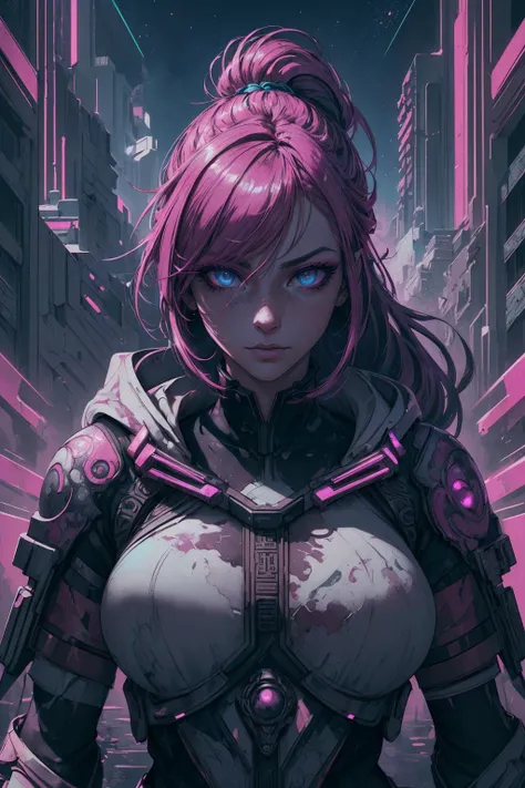 (NeonPunk style, cyberpunk, vaporwave, neon, vibes, vibrant, stunningly beautiful, crisp, detailed, sleek, ultramodern, magenta highlights, dark purple shadows, high contrast, cinematic, ultra detailed, intricate, professional):1.1, beautiful and detailed illustration, pop art, masterpiece, best quality, ultra-detailed, soft lighting, cinematic shot, vibrant colors, gorgeous colors, <lora:add_detail:0.3>, <lora:stylesqueeze_v2:0.5>,
1 girl, adult (elven:0.7) woman, freckles, ruby eyes, yellow ponytail,
(style-swirlmagic:0.8), portrait, solo, half shot, looking at viewer, detailed background, detailed face, (<lora:BrutalistTech:0.6>, cement, brutaltech theme:1.1), glowing eyes, herald of the apocalypse, gazing into the abyss, wearing torn clothes, hooded,eldritch doom, reality , boundaries between worlds breaking down, floating particles, eternal winter and frost, religious prophecy , colliding celestial bodies in background, sinister smoke, apocalyptic atmosphere,