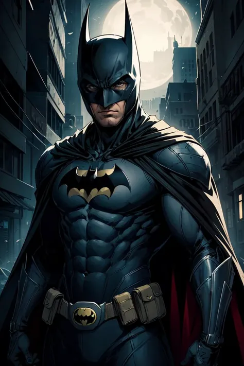 Cowboy Shot,beautiful and detailed illustration,pop art,masterpiece, best quality, ultra-detailed,soft lighting,<lyco:GoodHands-beta2:0.8>, <lora:add_detail:0.3> ,dark knight cover art of batman in gotham city, midnight, yellow light, toned muscle, batman mask, full black outfit, black cape, medium shot, upper body, sharp focus, 8k,perspective