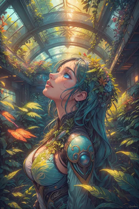 (Expressionism, raw, emotional, dynamic, distortion for emotional effect, vibrant, useunusual colors, detailed,:1.1), beautiful and detailed illustration, pop art, masterpiece, best quality, ultra-detailed, soft lighting, cinematic shot, vibrant colors, gorgeous colors, <lora:add_detail:0.3>, <lora:stylesqueeze_v2:0.5>,
1 girl, adult german woman, light blue eyes, brown straight hair,
focus on character, portrait, solo, upper body, looking up, detailed background, detailed face, (<lora:SolarpunkAI:0.6>, SolarpunkAI, solarpunk theme:1.1), focusing, botanist, leaves, colorful plants, greenhouse effect, green magical energy, healing magic, wild growth, seeds, ferns, science, botanical laboratory in background, backlighting, magical atmosphere,