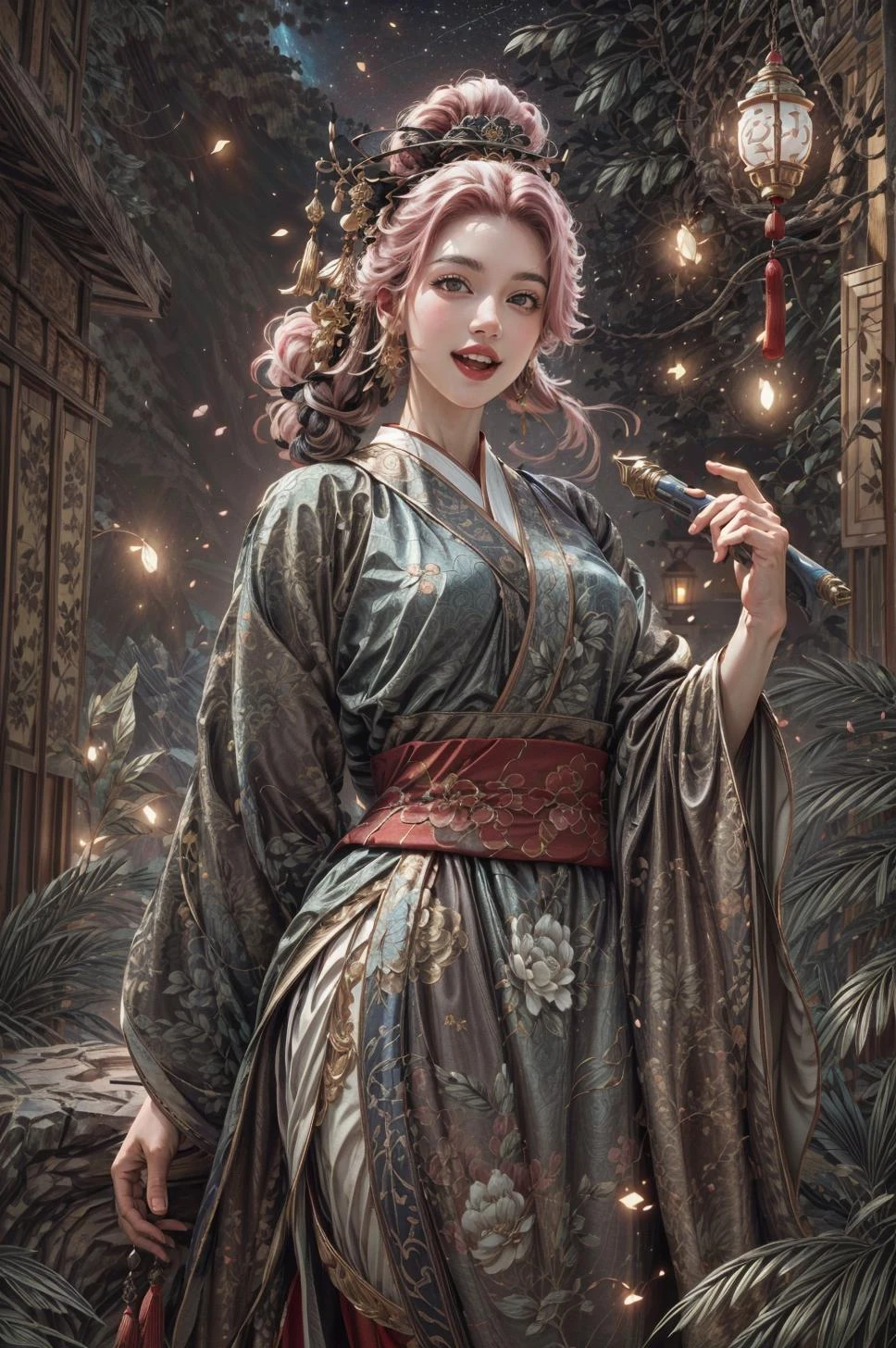 <(best quality, extremery best quality, masterpiece:1.4), (realistic, intricate details:1.4), (photorealistic:1.4), (extremely intricate:1.4), highres, ultra highres, ultra detailed, ultra-detailed, absurdres, incredibly absurdres, extremely detailed, high quality, high resolution, hyperrealistic, ultra-realistic, hyper-detailed, top quality, best, fine detail, massive detail, Highly detailed, extreme detailed, highest detailed, high-res, absolutely resolution, reflection, (refraction:1.4), (hyperrealism:1.4), ultra realistic details, highly intricate details>, BREAK, (1girl:1.3), solo, looking at viewer, (young cute beautiful 18-year-old girl:1.4), 3d face, (hand of Guido Daniele:1.4), beautiful girl, Beautiful face, pretty, girlface, kpop idol, supermodel, stunning innocent symmetry face, perfect body, medium breast, slim waist, slim legs, (high detailed skin:1.5), glowing eyes, goddess, natural skin texture, shiny skin, White skin, Beautiful detailed face, detailed face, real skin texture, cute delicate face, finely detailed face, golden ratio, golden ratio face, expressive eyes, perfect face, perfect skin, flawless face, clear face, shiny hair, pale skin, Proper body proportion, perfect anatomy, realistic skin texture, luscious lips, glossy lips, natural makeup, beautiful bright pupils, slender figure, intricate eyes, detailed pupils, detailed face and eyes, longeyelashes, blush, good hand, perfect hands, pretty face, beautiful female bodies, finely detailed skin, oily shiny skin, clean facial features, an extremely delicate and beautiful, cute & girly, beautiful detailed eyes, stars in the eyes, detailed simmetric eyes, perfect smooth skin texture, BREAK, (((((brilliant colors, (joshua middleton comic cover art, theater dance scene, hypermaximalist, ink painting, instagram contest winner, model pose, fashion color scheme, trending on cgsociety, playful illustrations, imaginative overlays, artistic fusion, fantastical scenes, evocative narratives, striking visuals:1.3), (Glowing ambiance, enchanting radiance, luminous lighting, ethereal atmosphere, mesmerizing glow, evocative hues, captivating coloration, dramatic lighting, enchanting aura:1.2), (moon, palace, Hibiscus, nymphaea, plum blossoms, a girl in hanfu, melanchonic soft light, photorealistic faces, moody lighting:1.4), (night, Night time, moon light, Golden Hour, sky, landscape, stars, starry, galaxy sky, milky way, night sky full of stars:1.2), (dancing, mountain, river, old tree, Ribbon, Elegant, She soared through the air in her flowing dress and fluttering ribbons, Graceful and graceful, pine trees, birds, moss, there is orange cat sitting near girl:1.2), (hanfu, ornaments detailed, traditional clothes, braids, water, jewelry, chinese clothes, earrings, sash, long sleeves, tree, petals, hair ornament, floating hair, dress, rock, falling petals, flower, chinese traditional architecture, ancient art, chinese style, Chinese, lake background, chinese buildings, misty lake, ancient chinese background, after the rain, wet grass and trees, waterfall, flying splashes, flying petals, leaves, bloom, bloom effect, surrounded by heavy floating petal flow, petal, leaves falling from the tree, peaceful atmosphere, mountainous backdrop, authentic cultural experience, quiet whispers, hushed conversations, tranquil silence, crisp air, soulful melodies, a sense of belonging, bonding with nature, quiet reflection, random patterns, energetic movement, bold colors, dynamic texture, spontaneous creativity:1.2), (smile, blush, Pink hair, Pink eye, long hair, Pink eyelashes, Pink lips, Pink lip colour, Eyes glowing Pink, flat bangs, happy expression, warm smile, cute smile, smiling:1.4), (long_hair, mountain background, forest, river in background, landscape, water reflection, outdoors:1.3), (mountains, breeze, dust is drifting, ethereal, scenery, nature, mysterious background, fog, wind:1.2), (iridescent colors, Iridescence, mysterious, fantasy background, fantasy, open mouth:1.2), (Luminescent Particles:1.3), (fullbody:1.2), (eye focus, face focus, character focus, close-up face:1.2), (dutch angle, cowboy shot:1.3), colorful refraction)))), BREAK, <hyper realistic DSLR photo, Nikon D5, cinematic portrait, portrait, ultra sharp, analog film photography, film emulation, bokeh, blurry noise background, watercolor, available light, detailed light, volumetric fog, beautiful lighting, Rembrandt lighting, Cinematic, pixel art, game art, key visual, surreal, PBR Texturing, Anisotropic Filtering, Maximum Clarity And Sharpness, Albedo And Specular Maps, Multi-Layered Textures, Surface Shading, Sub-Pixel Convolution, Sub-Pixel Convolution, Accurate Simulation Of Light-Material Interaction, blurry foreground, broad light, volumetric light effect, matte painting, perfectly defined features, volumetric lighting, Tone Mapping, Lumen Reflections, Global illumination, Ray Tracing, Screen Space Global Illumination, Accent Lighting, 32k, Natural Lighting, volumetric, cinematic masterpiece, Rule of thirds, high dynamic range, Multi-exposure HDR capture, cinematic render, game cg cinematic, atmospheric perspective, movie scene, epic dynamic frame, motion blur, ((cinematic look, Film look)), rim light, 4k textures, adobe lightroom, photolab, insane details, hyperdetailed, exposure blend, professional color grading, professional color correction, aerial perspective, particles and dust in beams of light, cinematic scene, dynamic lighting, sharp details, lomography, soft focus, light leaks, bold hues, atmospheric depth, (explosive light and shadow:1.2), aesthetics, intricate designs, ultra realistic digital art, (zentangle, mandala, tangle, entangle), (fractal art), elegant, vivid colours, floating particles, particles, dramatic, epic, (ink drawing, oil painting detailed), RAW, huge filesize, extremery detailed CG, Photo, 8k uhd, cinematic atmosphere, trending on artstation, award-winning glamour photograph, highly detailed photo, official art, beautiful and aesthetic, unity 8k wallpaper, beautiful, highly detailed CG illustration, best illustration, intricate, Amazing, emotional, analog, painting, digital painting, concept art, Oil Painting, illustration, Classical art, Renaissance, Romanticism, Neoclassicism, Color Palette, depth and contrast, Vibrant colors, saturated, rich saturation, color harmony, vivid palette, concept-art, design style, detail character, concept render, colorful, analog photography, dreamy atmosphere, specular highlights, atmospheric lighting, (dynamic angle, dynamic pose :1.3), (shiny, clothes reflecting light, lens flare, bloom effect, light particle, lens glare:1.3), realistic light, realistic lighting, cinematic light, (cinematic lighting), light in the face, soft lighting, saturated colors, detailed background, sharp focus, 8k high definition, perspective, Master Composition, roughness, post-processing, soft shadows, realistic shadows, ambient occlusion, ray-tracing, subsurface scattering, photon mapping, physically-based rendering, octane rendering, unreal engine 5, ue5 rendering, Adobe After FX, dslr, RTX, Best character details, radiosity, sharp, antialiased, RAW photo, HDR, 8k, 4k, (((Photographed by Roger Deakins, using a RED Monstro 8K VV camera and a series of high-end lenses))), ((Hasselblad photography)), (film grain:1.4), Kodak portra 400, ((Fujifilm X-T5)), professional photograph, depth of field, caustics, Broad lighting, diffuse lighting, rim lighting, two tone lighting, textile details, visible pores, high resolution scan, professionally color graded, photographic reality, automatic white balance, best lighting, detailed shadow, high contrast, strong light and shadow>, (PureErosFace_V1:0.3), (ulzzang-6500:0.7), <lora:epiNoiseoffset_v3:2>, <lora:add_detail:0.7>, <lora:hipoly_3dcg_v7-epoch-000012:0.7>, (kbxll:0.7), <lora:more_details:0.7>, <lora:anxiang:0.55>