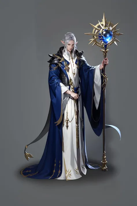 Game characters, original design, European style, pointy ears, 1boy, male focus, solo, grey background, elf, simple background, full body, jewelry, grey hair, staff, standing, chain, ring, wide sleeves, robe, long hair, elezen, holding, orb<lora:CG Game xieshi:1>
