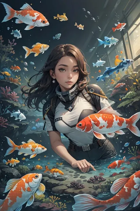 masterpiece,best quality,high quality, close-up 1 woman, in exoplanet colonization site, new frontier settlement, terraforming efforts, pioneering spirit, reef-fish, gold-fish, koi-fish, masterpiece, high resolution, shallow depth of field, sharp focus ,<lora:Concept - School of Fish_v1.1:0.2>, <lora:shuV2:0.3>,