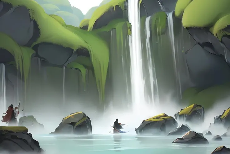 Illustration,hand drawn texture,traditional Chinese painting,waterfall,water,solo,rock,scenery,long hair,standing,outdoors,male focus,weapon,wide shot,holding,from behind,black hair,1boy,facing away,animal,<lora:dongfang_illustration:0.8>,