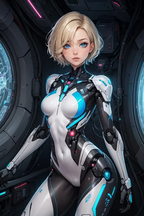 official art,unity 8k wallpaper,ultra detailed,beautiful and aesthetic,beautiful,masterpiece,best quality,(zentangle, mandala, tangle, entangle),close-up girl,skin tight white bodysuit,blonde short hair,eyes blue,small breasts,chrome robotic parts,luxurious cyberpunk,robot,clean luxury spacecraft,science fiction,stasis pod,fetal position,<lora:translucentSkin_v10:0.85>,