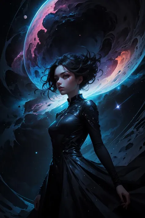 Cowboy Shot,masterpiece,best quality,ultra high res,(abstract art:1.2),(dark theme:1.1),art,stylized,deep shadow,dark theme,1girl,cosmic dress,cosmic beauty,in space,nebula,<lora:GoodHands-vanilla:1>,<lora:GPTS4 dreamwave full_478773:0.3>,
