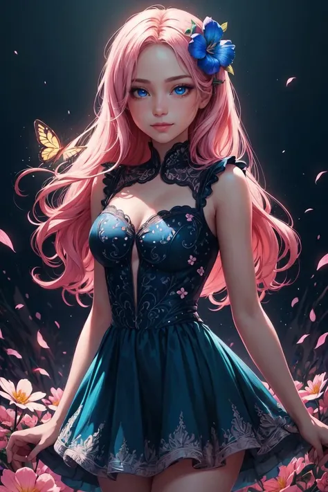 Cowboy Shot,beautiful and detailed illustration,pop art,masterpiece,best quality,ultra-detailed,soft lighting,<lora:add_detail:0.3>,1girl,mlpfluttershy,slight smile,looking at viewer,arms behind back,hair flower,dress,glossy eyes,cinematic shot,vibrant colors,gorgeous colors,dynamic action pose,smagnificent panorama view,<lora:GoodHands-vanilla:1>,