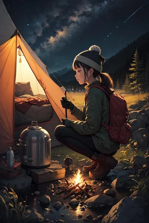 watercolor illustration,masterpiece,best quality,detailed background,ultra-detailed,illustration,1girl,solo,outdoors,camping,night,mountains,nature,stars,moon,bonfire,tent,twin ponytails,green eyes,cheerful,happy,backpack,sleeping bag,camping stove,water bottle,mountain boots,gloves,sweater,hat,flashlight,forest,rocks,river,wood,smoke,shadows,contrast,clear sky,constellations,Milky Way,peaceful,serene,quiet,tranquil,remote,secluded,adventurous,exploration,escape,independence,survival,resourcefulness,challenge,perseverance,stamina,endurance,observation,intuition,adaptability,creativity,imagination,artistry,inspiration,beauty,awe,wonder,gratitude,appreciation,relaxation,enjoyment,rejuvenation,mindfulness,awareness,connection,harmony,balance,texture,detail,realism,depth,perspective,composition,color,light,shadow,reflection,refraction,tone,contrast,foreground,middle ground,background,naturalistic,figurative,representational,impressionistic,expressionistic,abstract,innovative,experimental,unique,