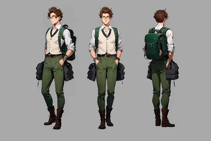 Multi-view,front view,side view,rear view,reference table,game character design,1boy,shirt,wristwatch,pants,watch,brown hair,male focus,white shirt,grey background,green pants,vest,simple background,backpack,boots,glasses,standing,multiple views,full body,bag,looking at viewer,sleeves rolled up,arms at sides,short sleeves,belt,short hair,<lora:xieshisanshitu:0.5>,