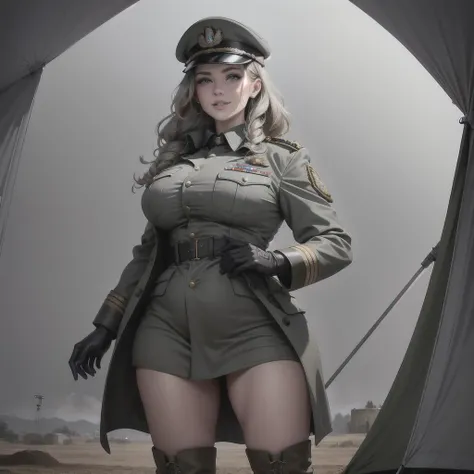 {{{Masterpiece}}}, {{{{best quality}}}}, {volumetric lighting}, {intricately detailed face}, {{{perfect eyes}}}, {{{perect face}}},(grey background:1.3) , high quality, intricate details, masterpiece, best quality, 8k, ultra-detailed, {{{perfect eyes}}}, {{{perect face}}},
best quality, a beautiful woman, curvaceous model, nice breasts, (detailed army commander uniform, army trench coat, army officials hat, kneehigh army boots, gloves), braided wavy hair, big gorgeous eyes, smile, parted lips, sweat, (standing at the military tent with elaborate details, military training ground in the background), morning, intricate details, soft tones, clean lines, perfect illustration, natural lighting, 8k