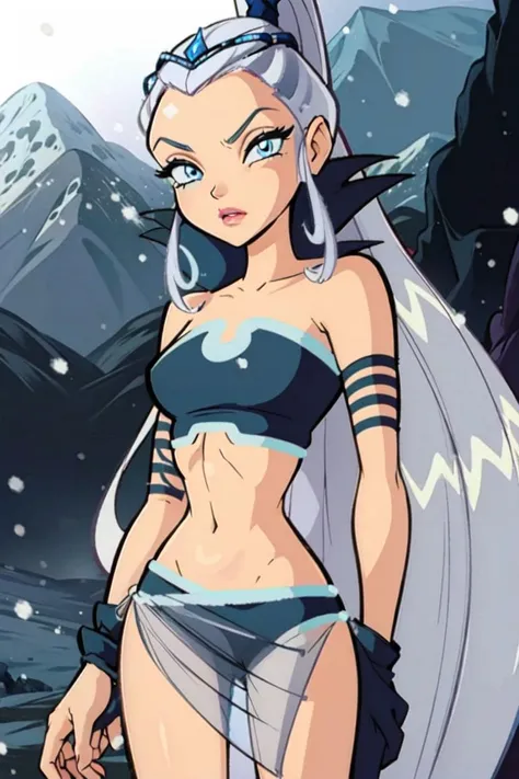 (Icy), blue eyes, white hair,(very long hair), (ice background, snowing, winter, mountains), (realistic:1.2), (masterpiece:1.2), (full-body-shot:1),(Cowboy-shot:1.2), dark romantic lighting, (highly detailed:1.2),(detailed face:1.2), (gradients), colorful, detailed eyes, (natural lighting:1.2), solo <lora:add_detail:0.3> <lora:BeautifulEyes:0.6> <lora:WinxClubAmplifiedIcy-10:0.9>