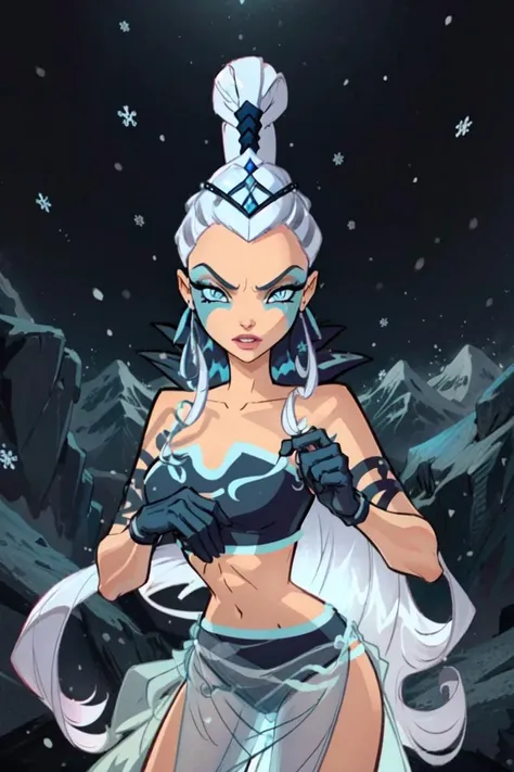 (Icy), blue eyes, white hair,(very long hair), (ice background, snowing, winter, mountains), (realistic:1.2), (masterpiece:1.2), (full-body-shot:1),(Cowboy-shot:1.2), dark romantic lighting, (highly detailed:1.2),(detailed face:1.2), (gradients), colorful, detailed eyes, (natural lighting:1.2), solo <lora:add_detail:0.3> <lora:BeautifulEyes:0.6> <lora:WinxClubAmplifiedIcy-10:0.9>