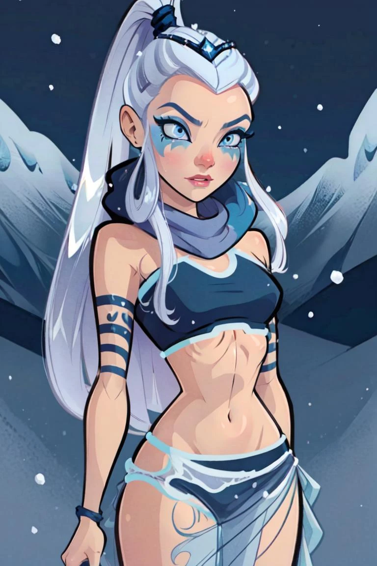 (Icy), blue eyes, white hair,(very long hair), (ice background, snowing, winter, mountains), (realistic:1.2), (masterpiece:1.2), (full-body-shot:1),(Cowboy-shot:1.2), dark romantic lighting, (highly detailed:1.2),(detailed face:1.2), (gradients), colorful, detailed eyes, (natural lighting:1.2), solo <lora:add_detail:0.3> <lora:BeautifulEyes:0.6> <lora:WinxClubAmplifiedIcy-10:0.9>