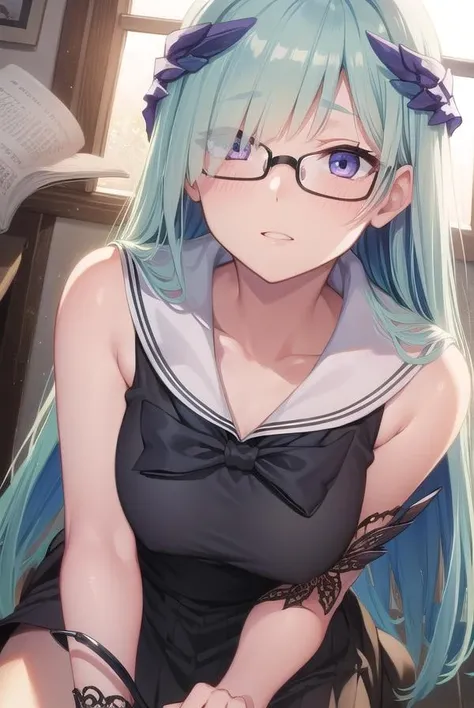 brynhildr, <lora:brynhildr-lora-nochekaiser:1>,
brynhildr, aqua hair, long hair, (purple eyes:1.1),
BREAK bare shoulders, black dress, black-framed eyewear, blue wings, collarbone, dress, feathered wings, glasses, green neckwear, hair over one eye, head wings, sailor collar, sailor dress, semi-rimless eyewear, sleeveless, sleeveless dress, under-rim eyewear, white sailor collar, wings
BREAK looking at viewer,
BREAK indoors, classroom,
BREAK <lyco:GoodHands-beta2:1>, (masterpiece:1.2), best quality, high resolution, unity 8k wallpaper, (illustration:0.8), (beautiful detailed eyes:1.6), extremely detailed face, perfect lighting, extremely detailed CG, (perfect hands, perfect anatomy),