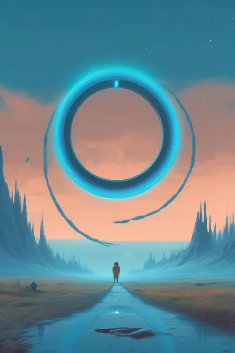 <lora:Christopher Balaskas Style:1>Christopher Balaskas Style - A 2D illustration of a blue ring in outerspace, leaving a lasting legacy in the digital world. Imagined by Simon Stlenhag and wes anderson. Created
