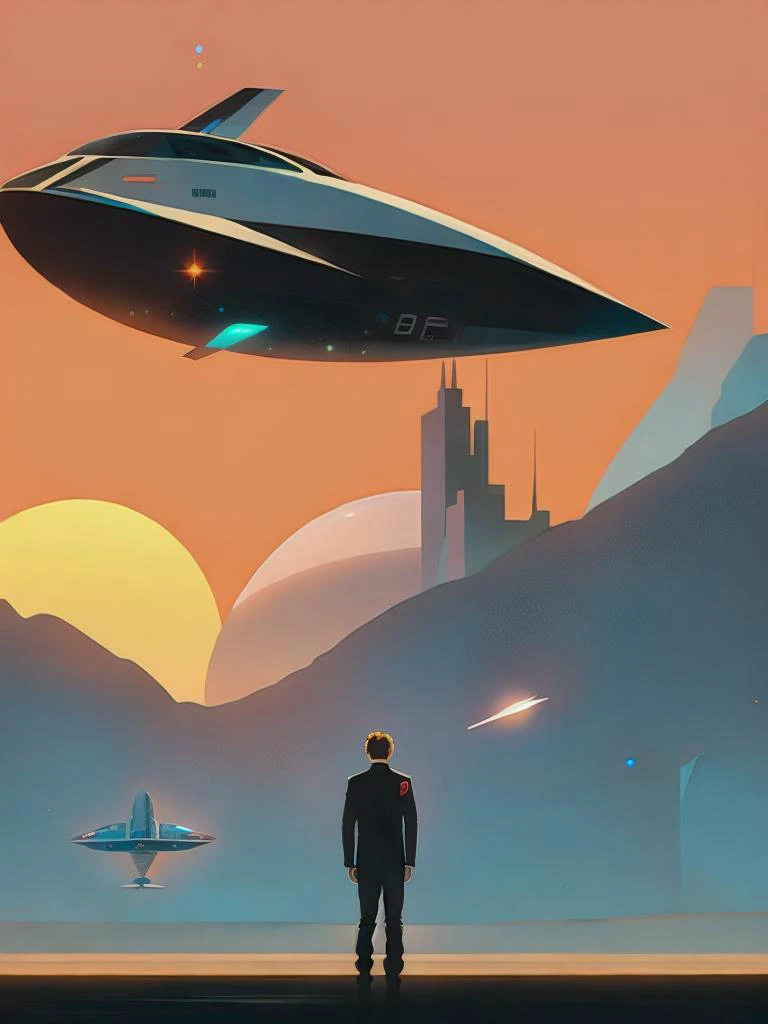 <lora:ChristopherBalaskas:1>a painting of a man standing in front of a sunset with a space ship in the background by Christopher Balaskas