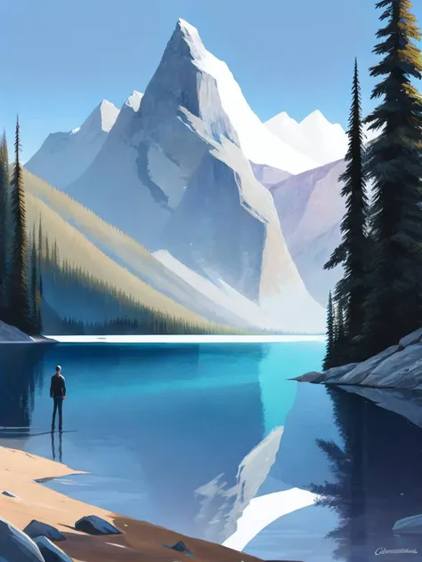 <lora:ChristopherBalaskas:1>a painting of a man standing on the shore of a lake with a mountain in the background by Christopher Balaskas