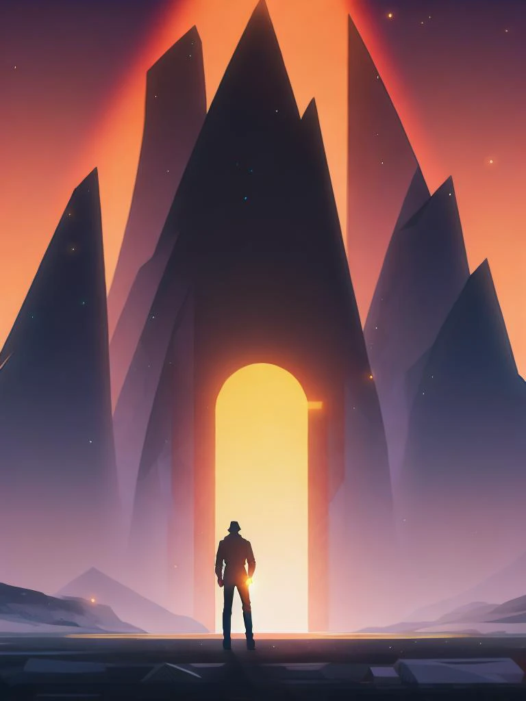 <lora:ChristopherBalaskas:1>a man standing in front of a giant structure with a glowing light coming out of it by Christopher Balaskas