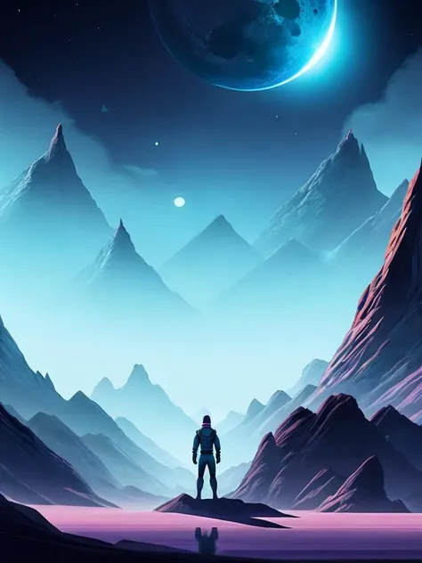 <lora:ChristopherBalaskas:1>a person standing in front of an alien landscape with mountains, rocks, and a moon by Christopher Balaskas