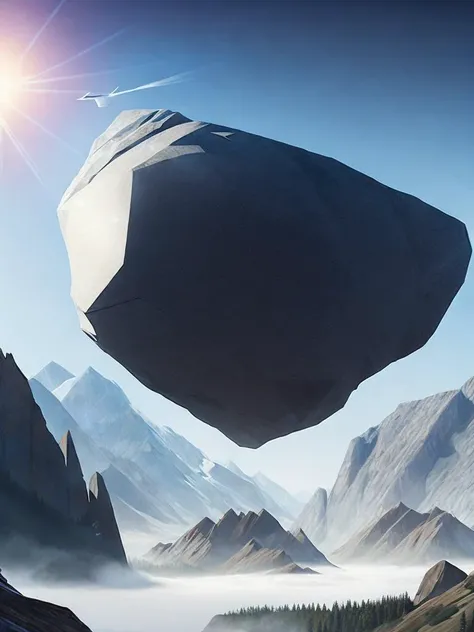 <lora:ChristopherBalaskas:1>an artist's rendering of a large rock flying through the air over a mountain range by Christopher Balaskas