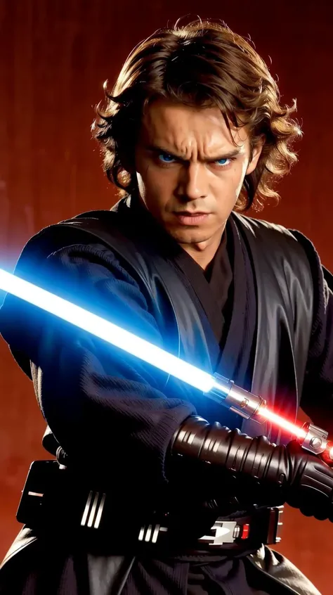 (Lightsaber in arm:0.9), (Scar:1.2), masterpiece, best quality, 1boy, <lora:anakin_skywalker:0.7>, anakin_skywalker, (swoosh particle:1.1), Battle pose, (red theme:1.2), (medium hair:1.0), (Lava:1.0), angry