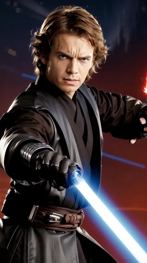 (Lightsaber in arm:0.9), (Scar:1.2), masterpiece, best quality, 1boy, <lora:anakin_skywalker:0.7>, anakin_skywalker, (swoosh particle:1.1), Battle pose, (red theme), (medium hair:1.0), (Lava:1.0), angry