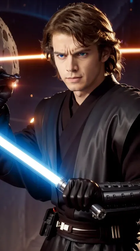 (Lightsaber in arm:0.9), Scar, masterpiece, best quality, 1boy, medium hair, <lora:anakin_skywalker:0.7>, anakin_skywalker, (swoosh particle:1.1), (Voolcano planet:1.2), Lava, Battle pose