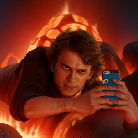 nsfw, masterpiece, best quality, 1boy, solo, anakin_skywalker, medium hair, scar, (lying On the lava:1.8), (he take a smartphone:1.5),(takes selfies with smartphone:1.2), <lora:anakin_skywalker:1>, (smile:1.1),