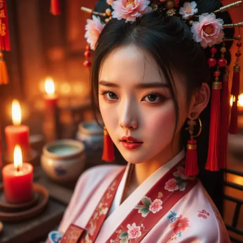 yanyuelou,1girl, hair ornament, solo, flower, hair flower, candle, earrings, jewelry, black hair, black eyes, blurry, lips, red lips, looking at viewer, tassel, depth of field, makeup, realistic,(red_clothes:1.5),chinese clothes, floral print, cowboy shot
<lora:yanyuelouSDXL-000008:0.8>