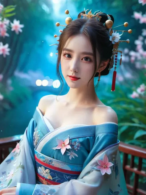 yanyuelou,1girl, colorful hanfu, bare_shoulders, wide_sleeves, cleavage, light_particles, Blue eyes,pink_butterfly, flowers, blue flowers,Upper body, star_\(sky\),<lora:yanyuelouSDXL-000008:0.8>