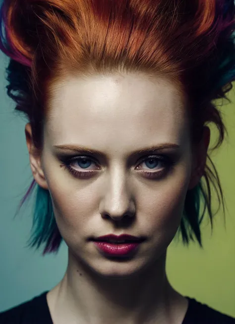 portrait of sks woman by Flora Borsi, style by Flora Borsi, bold, bright colours, rainbow Mohawk haircut, ((Flora Borsi)), <lora:locon_deborahannwoll_v1_from_v1_64_32:1>