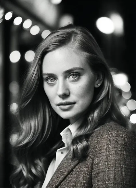 candid RAW close up portrait photo of sks woman in a (purple colored suit:1.0) on a dark street with shopping windows (at night:1.2), bokeh, Ilford Delta 3200 film, dof, high definition, detailed, intricate, flashlight, <lora:locon_deborahannwoll_v1_from_v1_64_32:1>